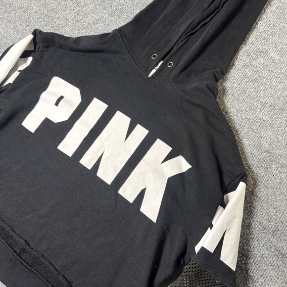 PINK Victoria Secret Cropped Hoodie Black White Athletic Athleisure XS - Picture 1 of 10